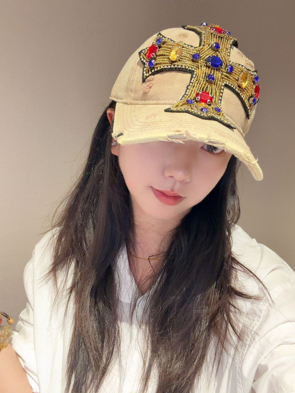 Rhinestone Cross Beaded Distressed Baseball Cap Streetwear Multi‑Style