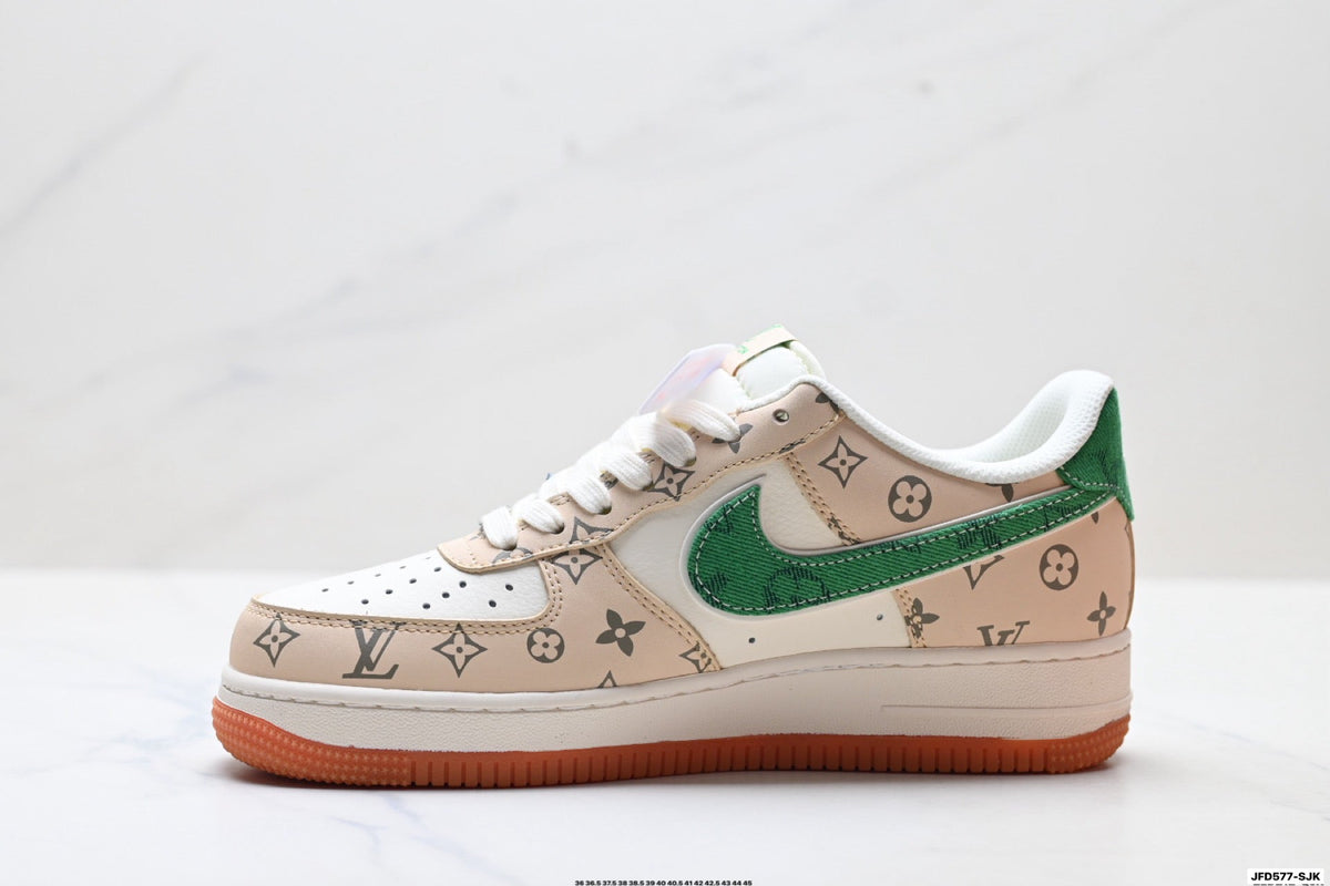 Nike Air Force 1 Low Beige Green Monogram Print Unisex Sneakers Style 12