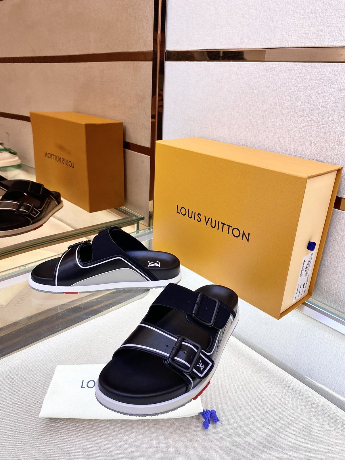 Louis Vuitton Black Two-Strap Slide Sandals