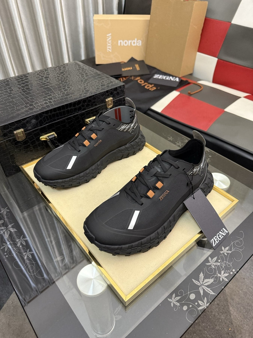ZEGNA Black Trail Running Shoes with Orange Accents